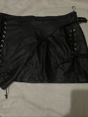 Black Faux Leather Lace-Up Mini Skirt with Side Buckle Detail